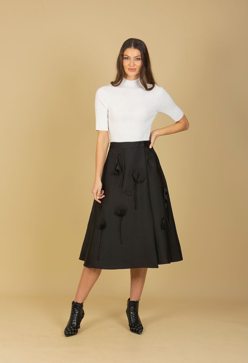 SILK MERINO WOOL WRAP SKIRT WITH FLOWER APPLIQUE