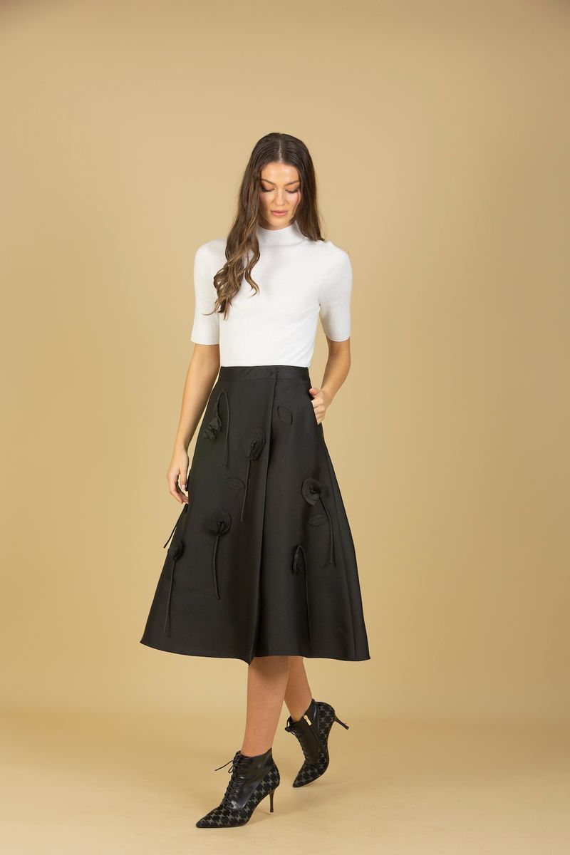 SILK MERINO WOOL WRAP SKIRT WITH FLOWER APPLIQUE