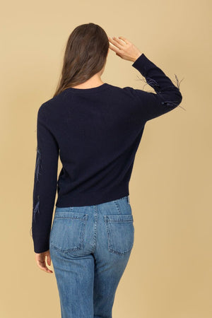 MERINO WOOL CASHMERE BLENDED CARDIGAN WITH FEATHER & SEQUIN DETAILS