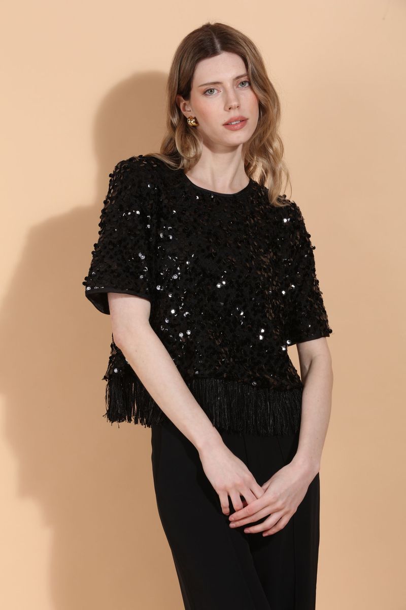 SEQUINED TOP FRINGED HEM