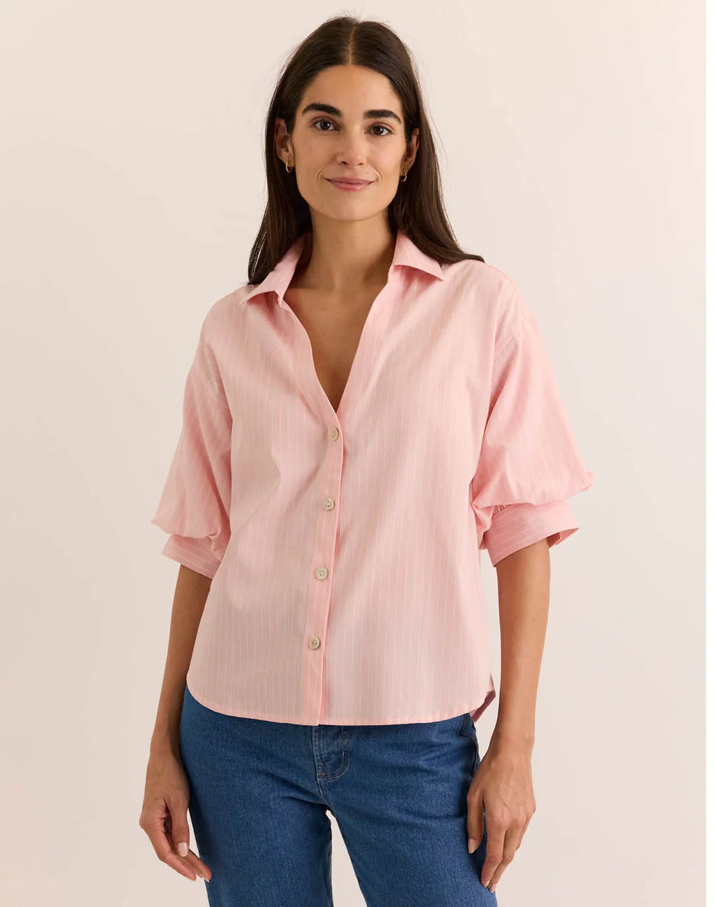 LILLIAN ELBOW SLEEVE PENCIL STRIPE SHIRT