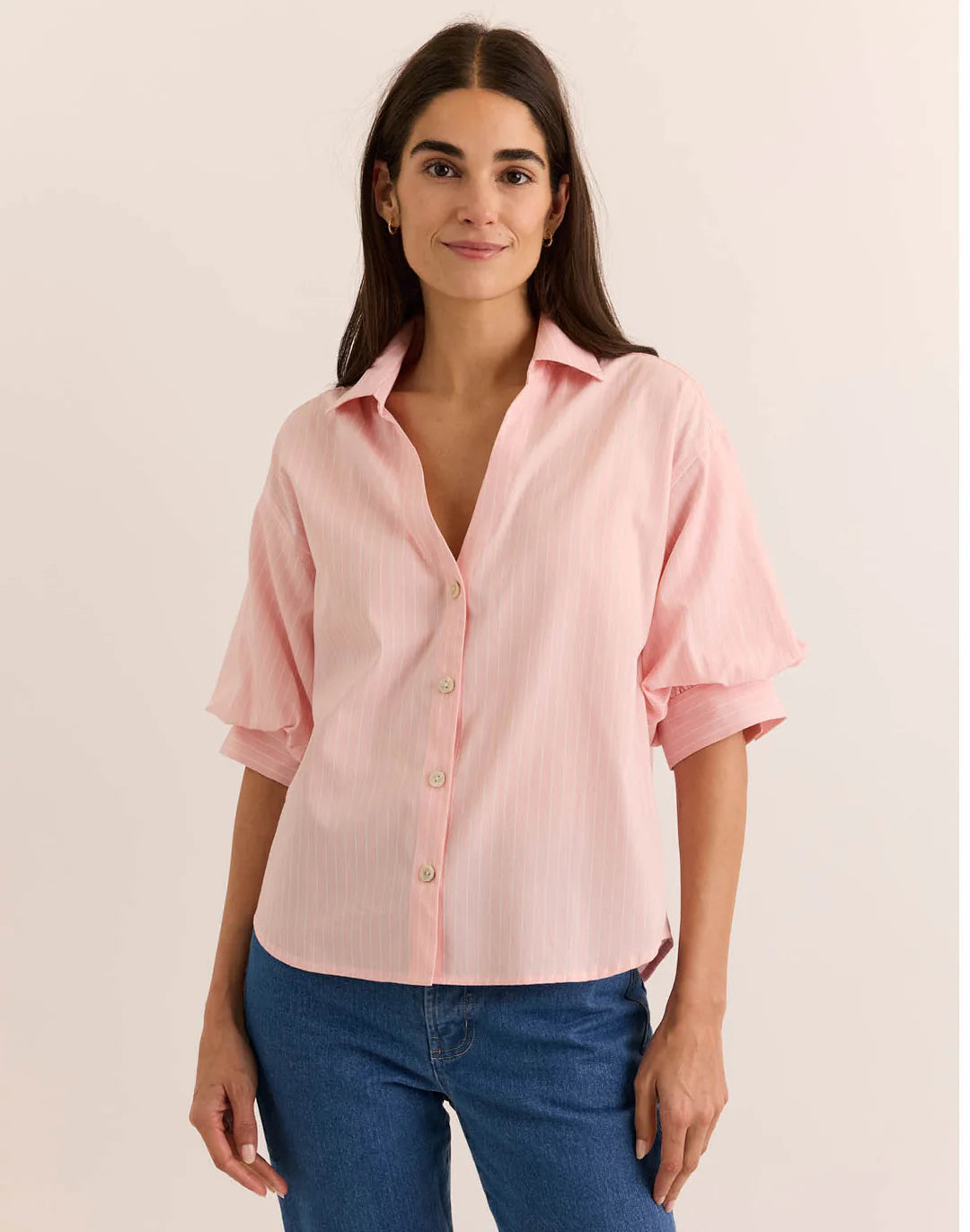 LILLIAN ELBOW SLEEVE PENCIL STRIPE SHIRT