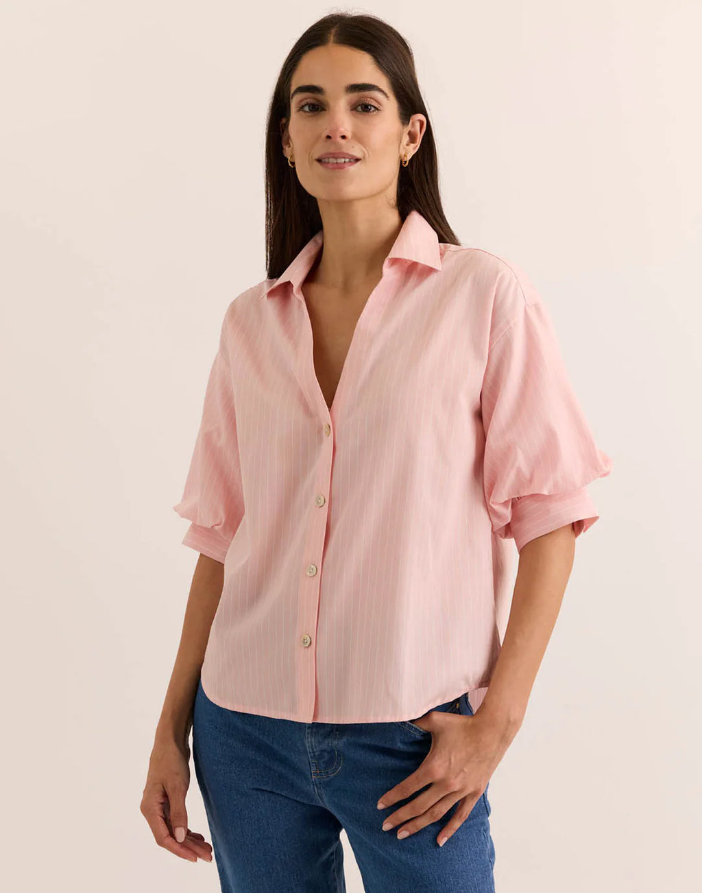 LILLIAN ELBOW SLEEVE PENCIL STRIPE SHIRT