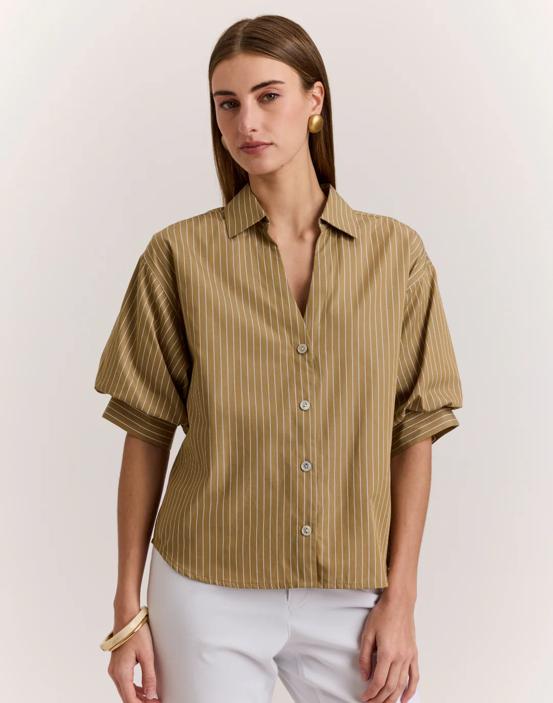 LILLIAN ELBOW SLEEVE PENCIL STRIPE SHIRT