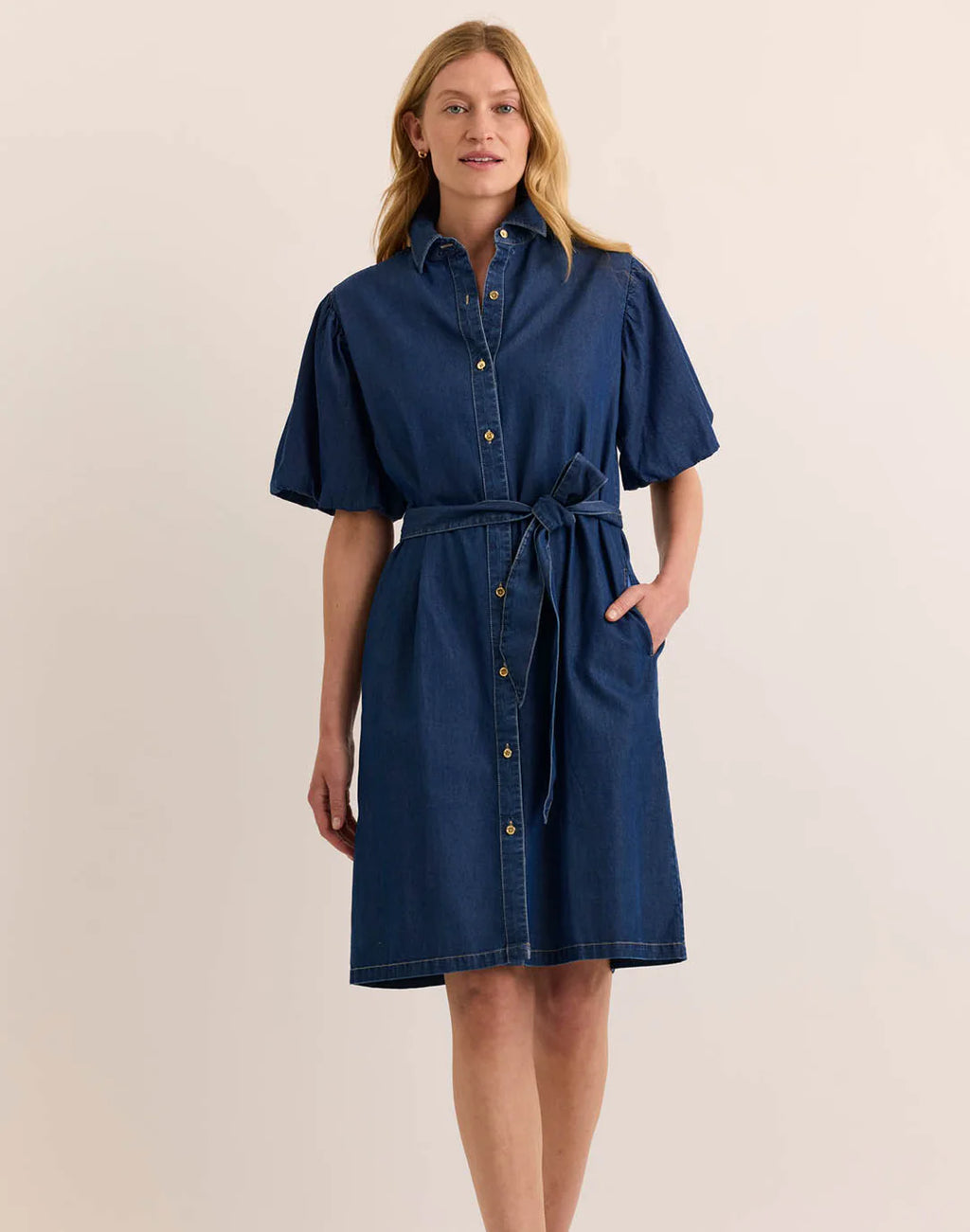 ANGELINA ELBOW SLEEVE DENIM DRESS