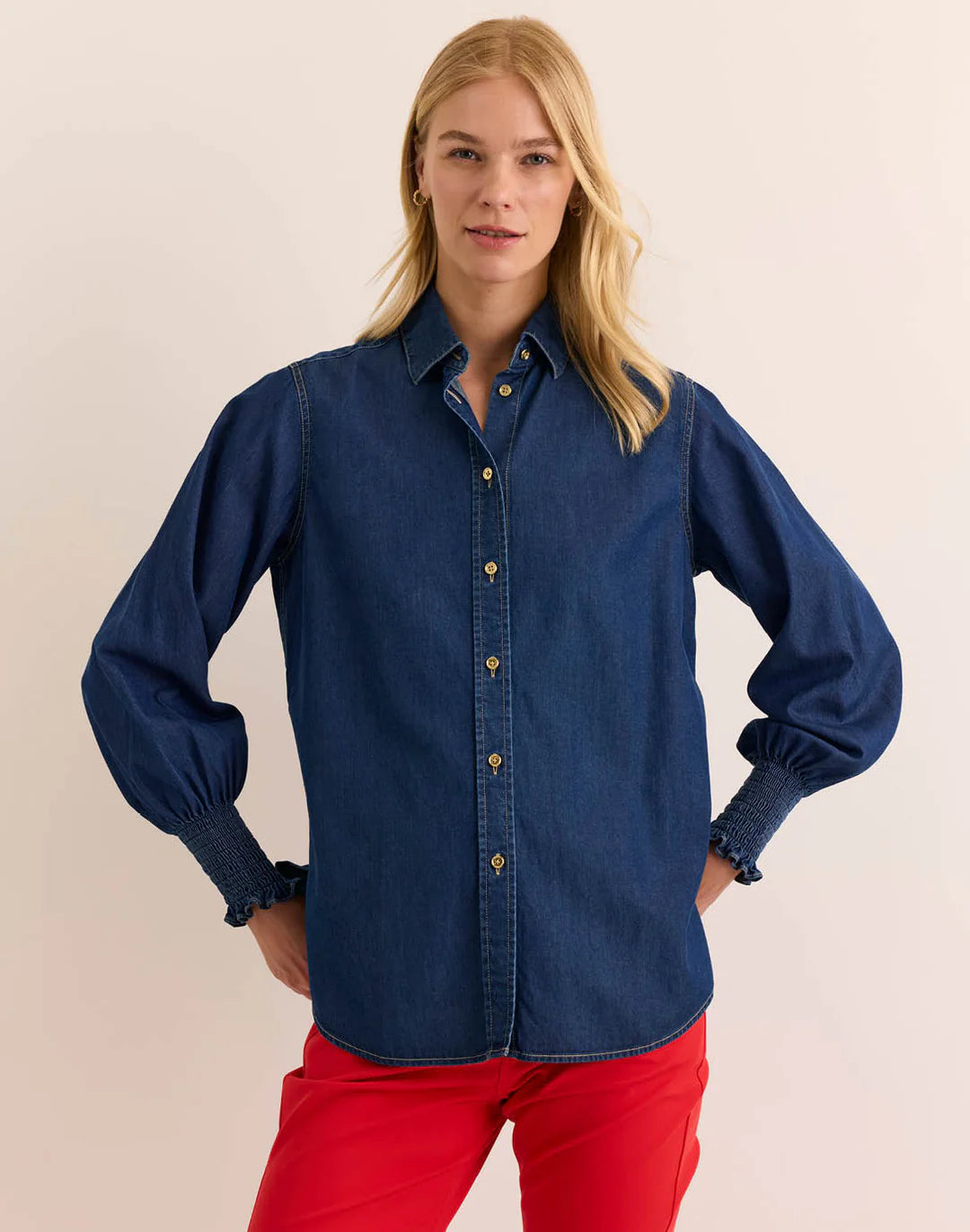 OVERSIZED SMOCKED LONG SLEEVE DENIM SHIRT