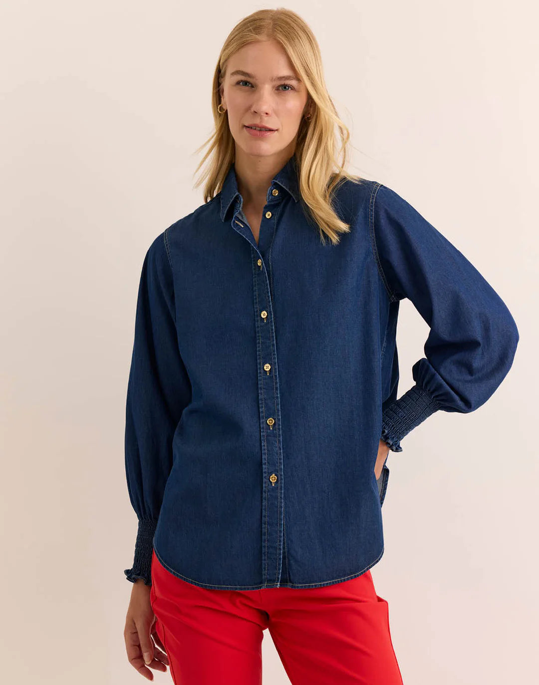 OVERSIZED SMOCKED LONG SLEEVE DENIM SHIRT