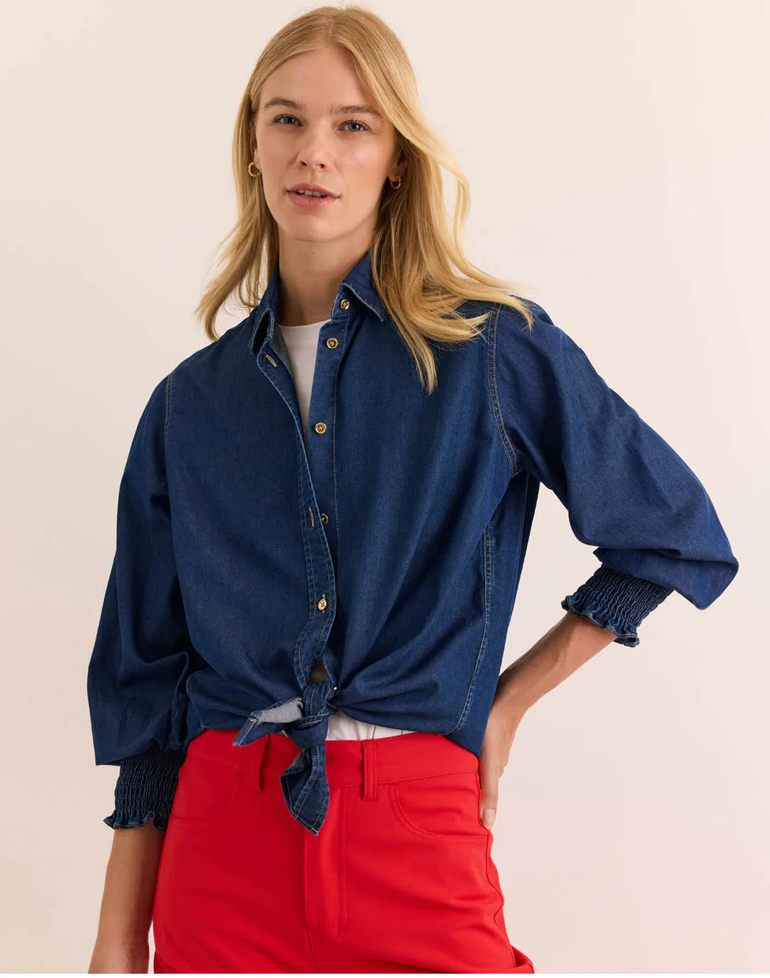 OVERSIZED SMOCKED LONG SLEEVE DENIM SHIRT