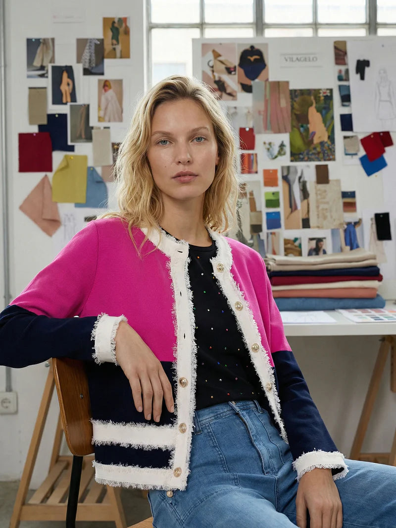 FUSCHIA & NAVY CARDIGAN WITH FRINGE TRIM