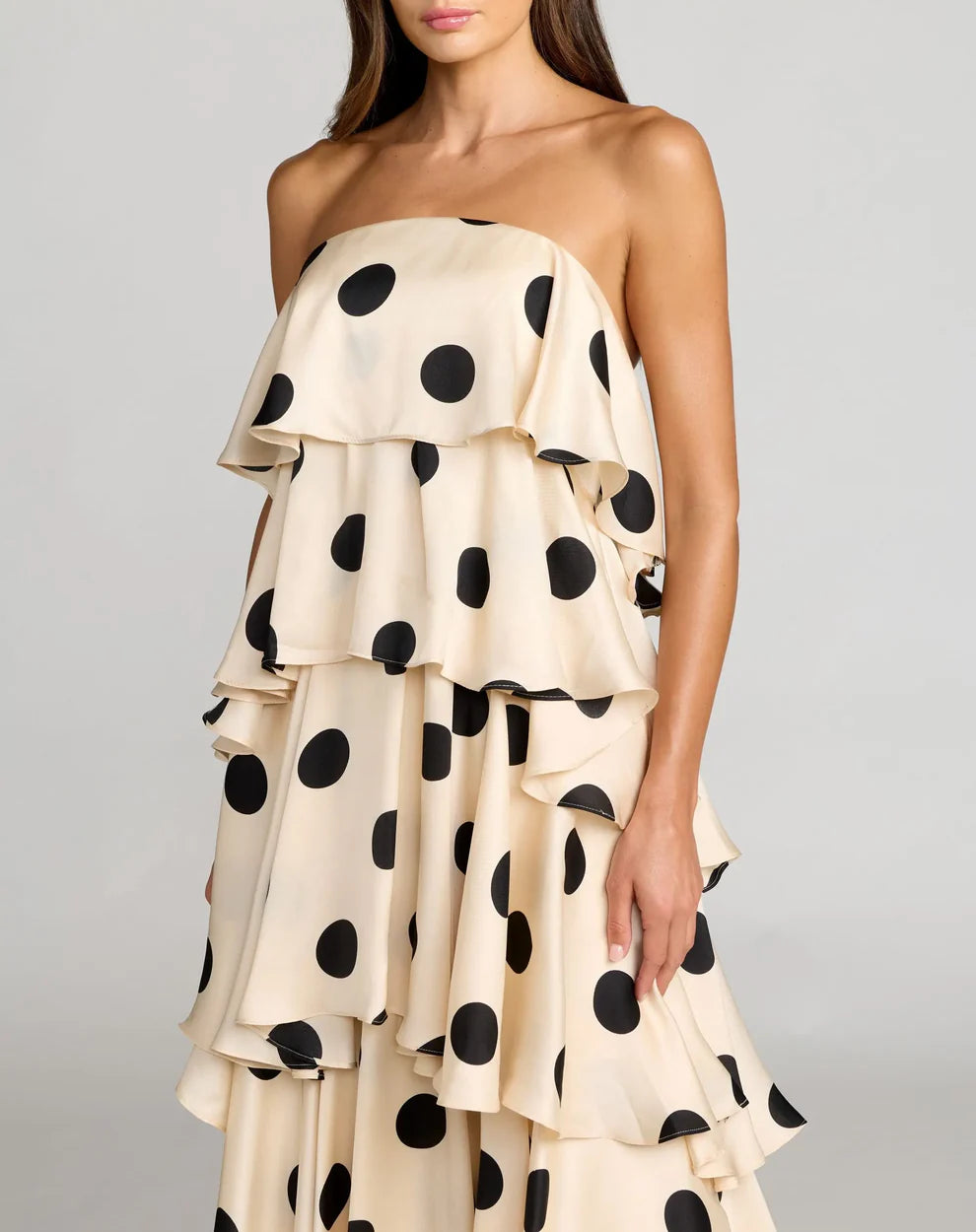 POLKA DOT CHARMEUSE RUFFLE GOWN