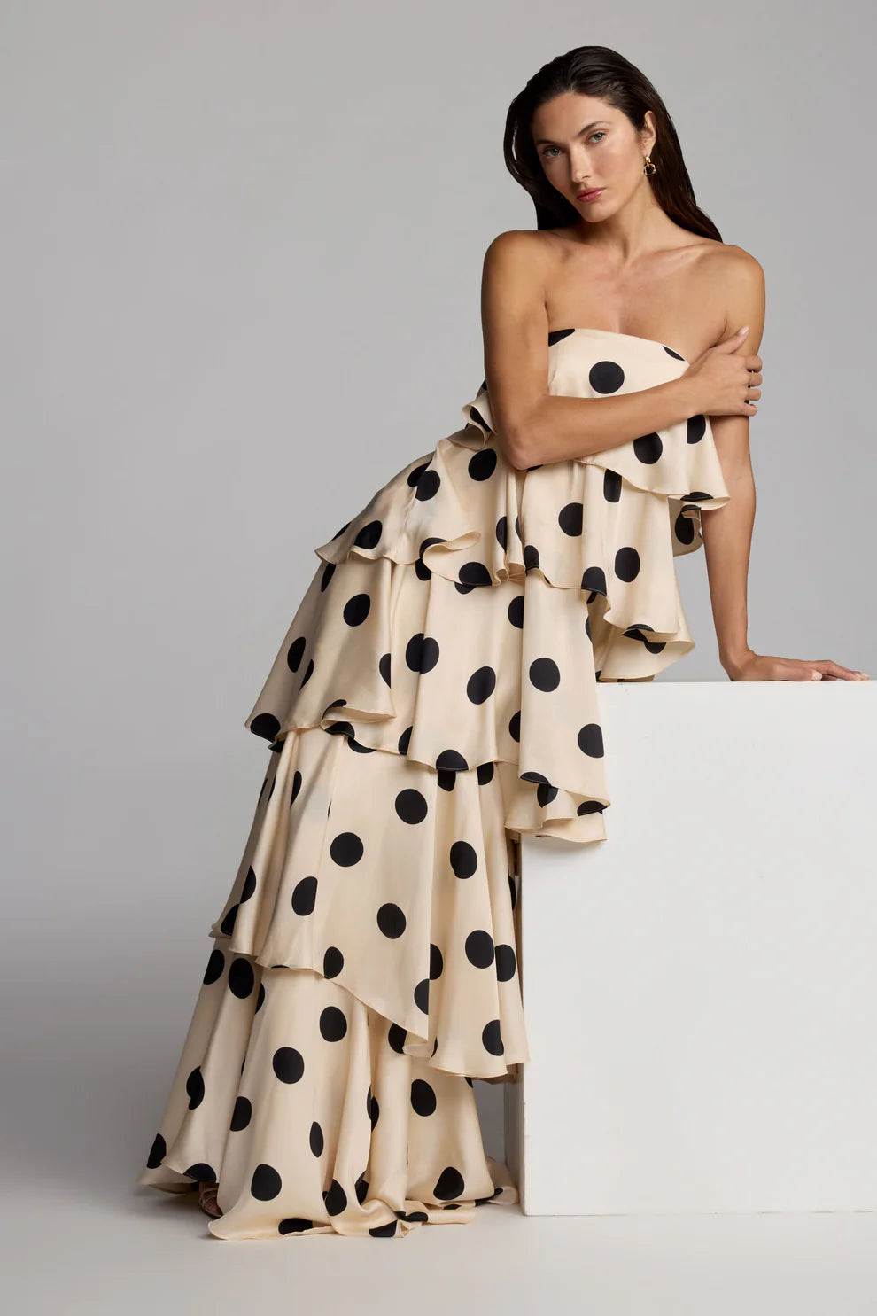 POLKA DOT CHARMEUSE RUFFLE GOWN