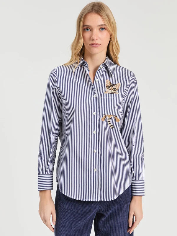 BLUE STRIPED SHIRT EMBROIDERED CATS