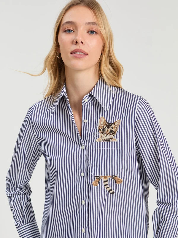 BLUE STRIPED SHIRT EMBROIDERED CATS