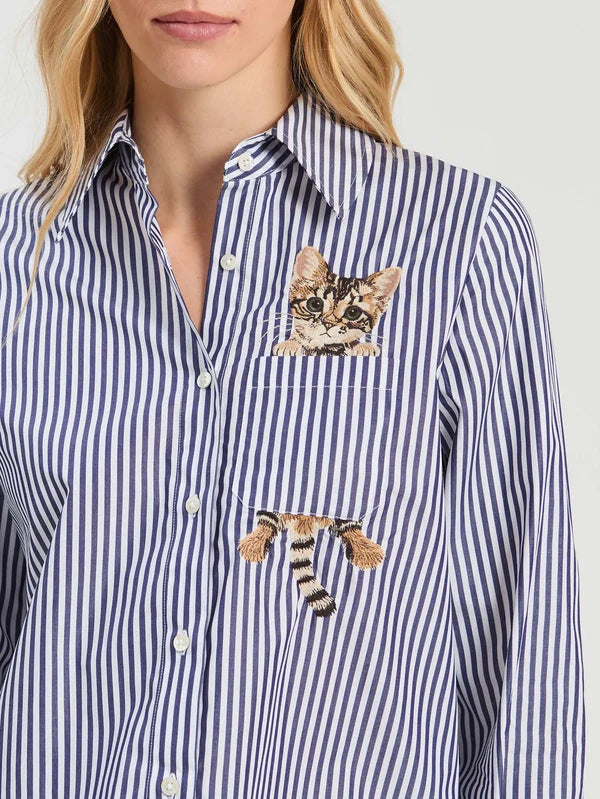 BLUE STRIPED SHIRT EMBROIDERED CATS