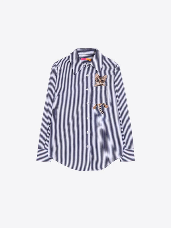 BLUE STRIPED SHIRT EMBROIDERED CATS