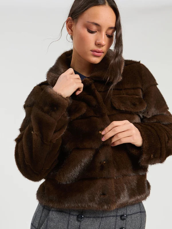 BROWN FUR JACKET, DENIM EFFECT