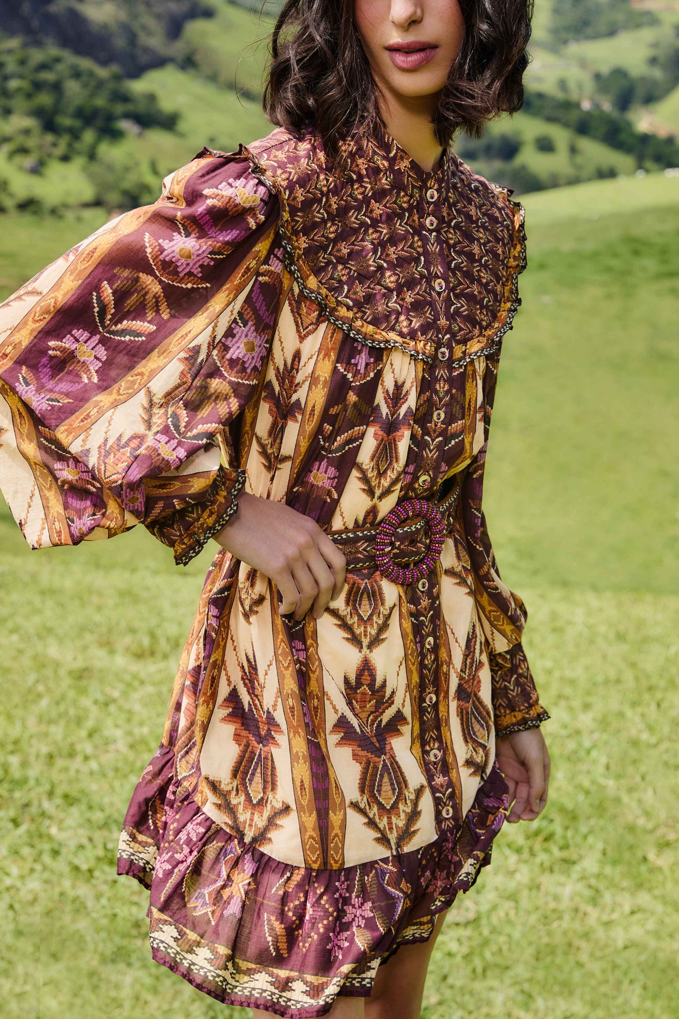 EMBROIDERED TAPESTRY LONG SLEEVE MINI DRESS