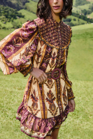 EMBROIDERED TAPESTRY LONG SLEEVE MINI DRESS