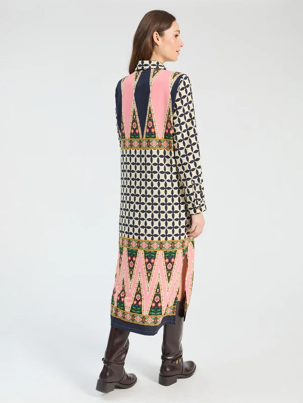 PINK AND BLACK ETHNIC GEO MIDI DRESS