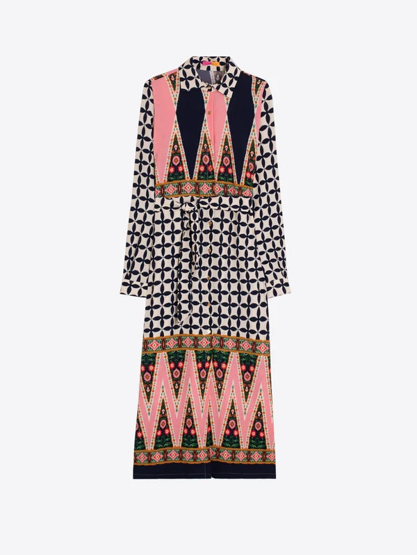 PINK AND BLACK ETHNIC GEO MIDI DRESS