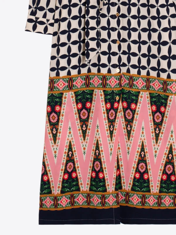 PINK AND BLACK ETHNIC GEO MIDI DRESS