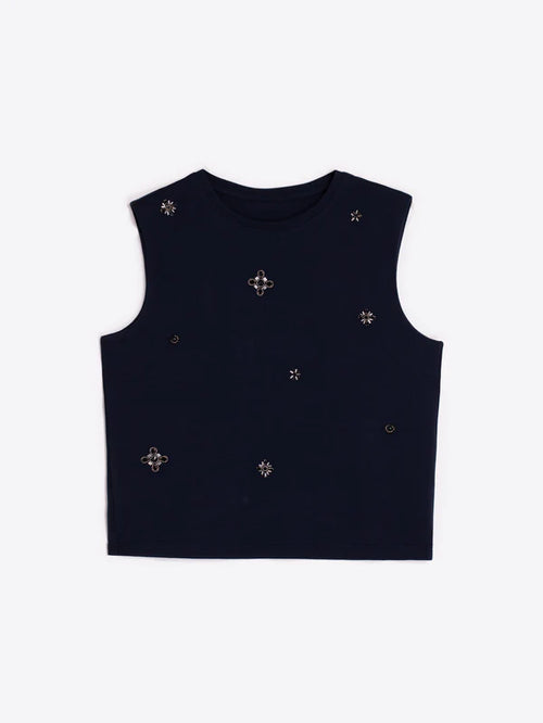 BLACK SLEEVELESS EMBROIDERED BEADED TOP