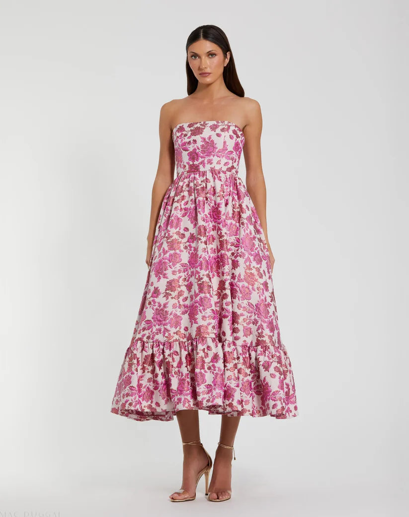 FLORAL BROCADE STRAPLESS A LINE MIDI