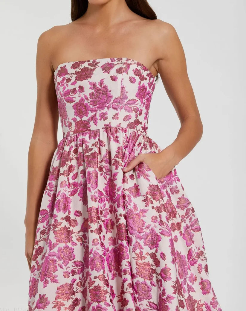 FLORAL BROCADE STRAPLESS A LINE MIDI