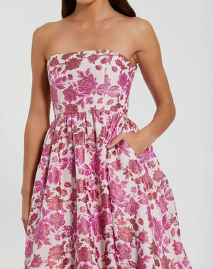 FLORAL BROCADE STRAPLESS A LINE MIDI