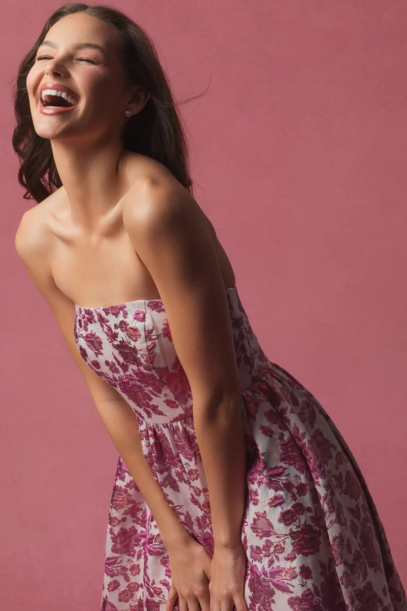 FLORAL BROCADE STRAPLESS A LINE MIDI