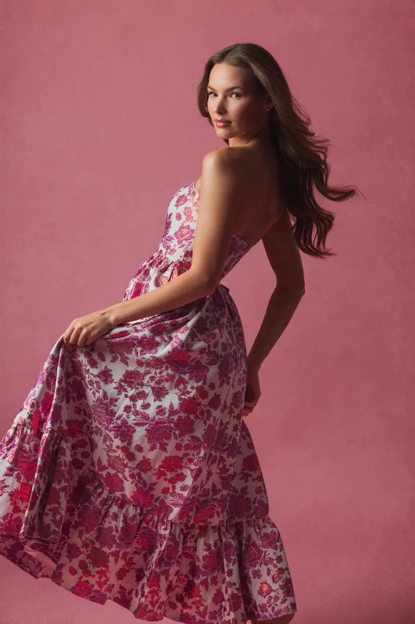 FLORAL BROCADE STRAPLESS A LINE MIDI