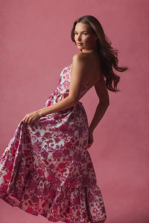 FLORAL BROCADE STRAPLESS A LINE MIDI