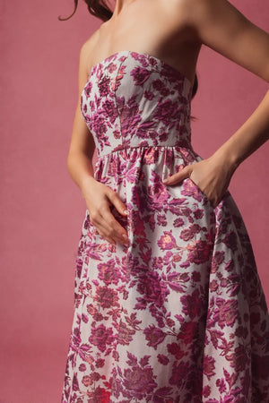 FLORAL BROCADE STRAPLESS A LINE MIDI