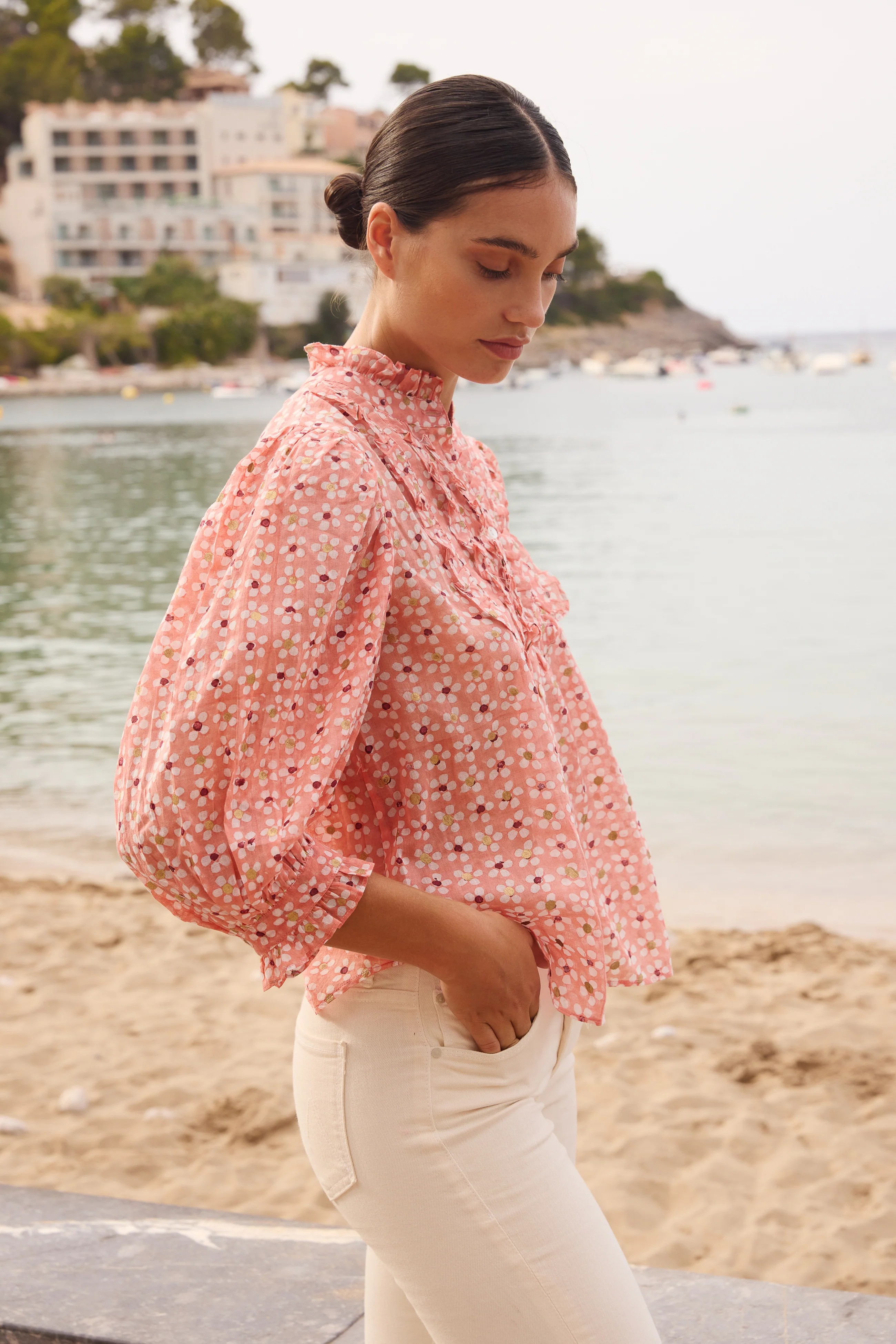 RUFFLE FRONT BUTTON BLOUSE