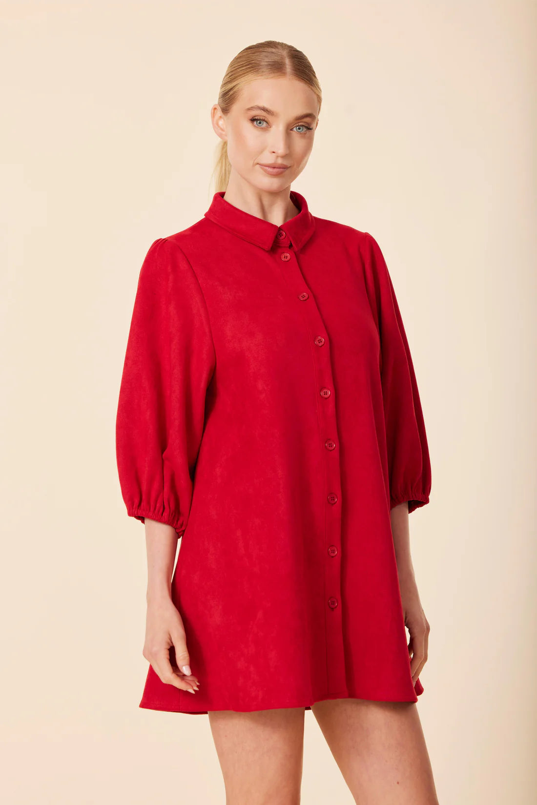 DEEP RED FAUX SUEDE DRESS