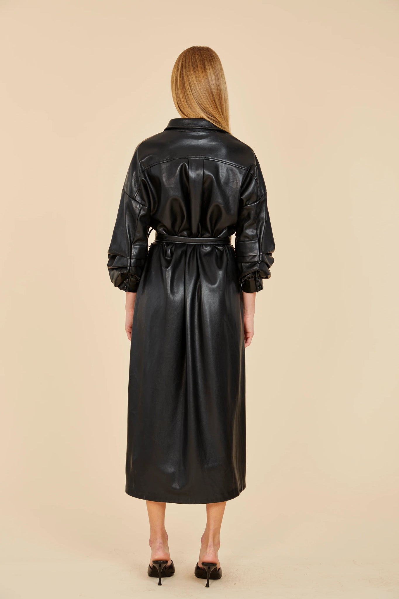VEGAN LEATHER MAXI RUCHED SLEEVE DRESS