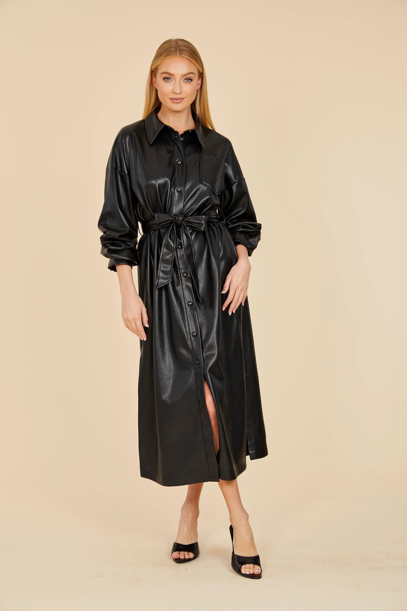 VEGAN LEATHER MAXI RUCHED SLEEVE DRESS