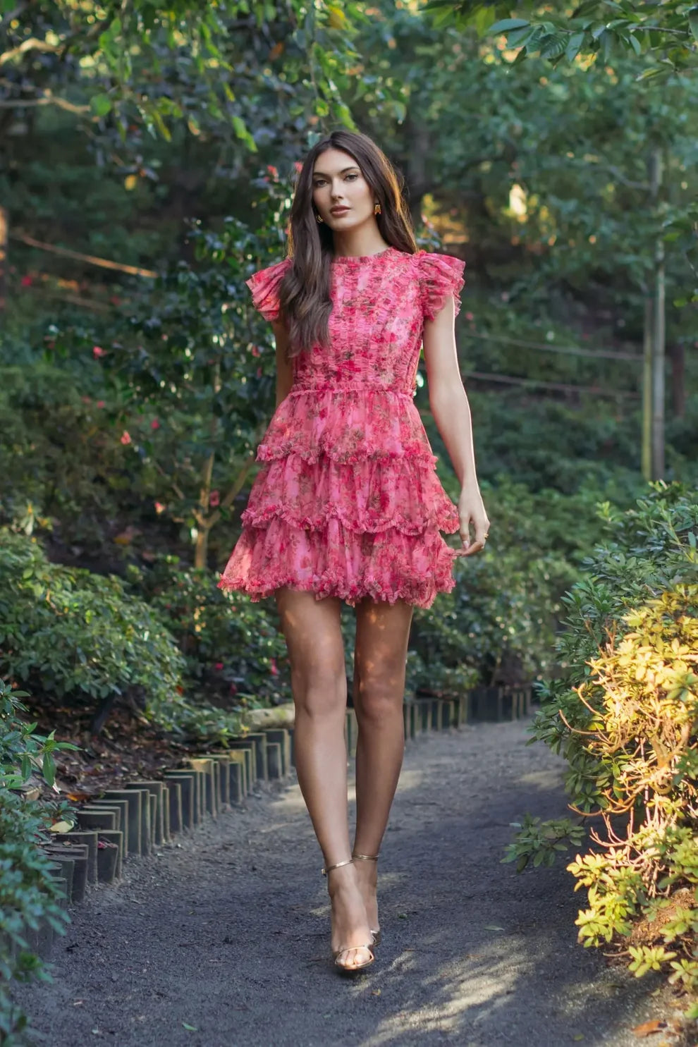 PINK FLORAL HIGH NECK CAP SLEEVE RUFFLE MINI DRESS