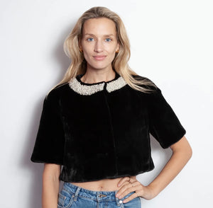 FAUX MINK BOLERO W/PEARL BEADED TRIM
