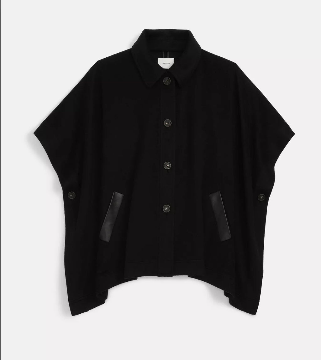 WOOL/CASHMERE CAPE LEATHER TRIM