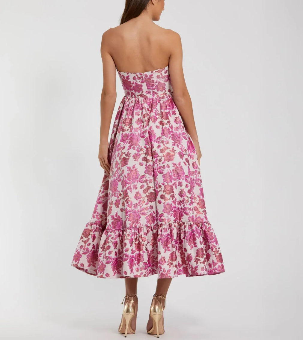 FLORAL BROCADE STRAPLESS A LINE MIDI DRESS