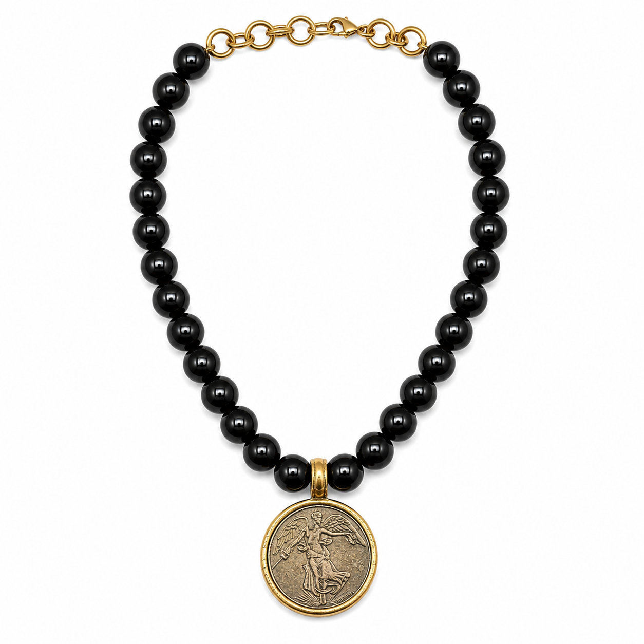 ANGEL COIN BLACK BEADED NECKLACE