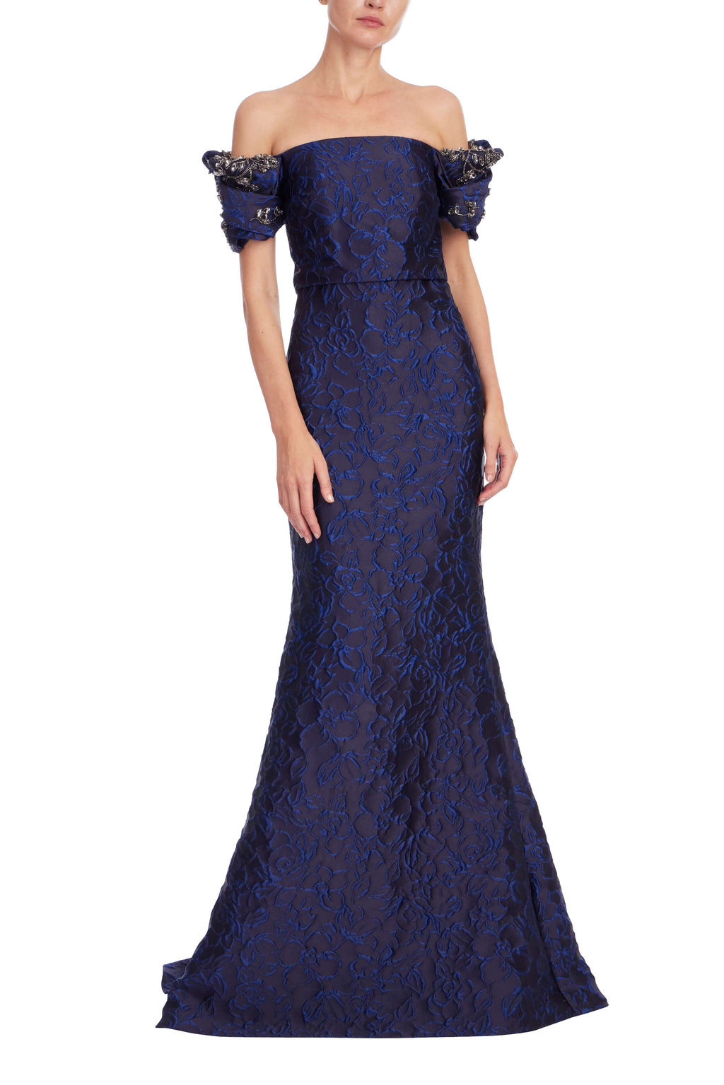 FLORAL JACQUARD TRUMPET-HEM GOWN