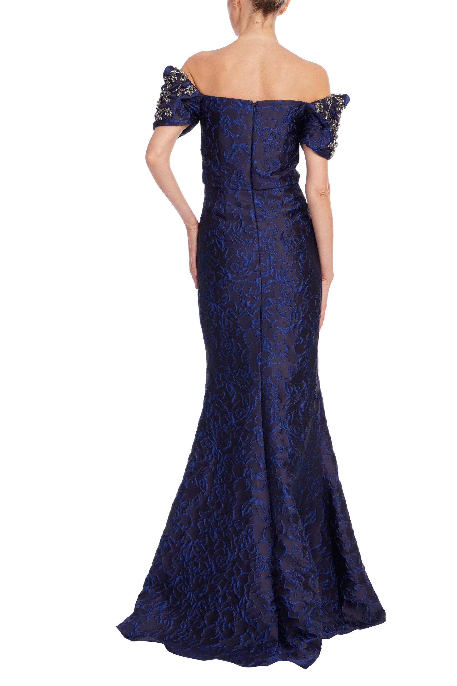 FLORAL JACQUARD TRUMPET-HEM GOWN