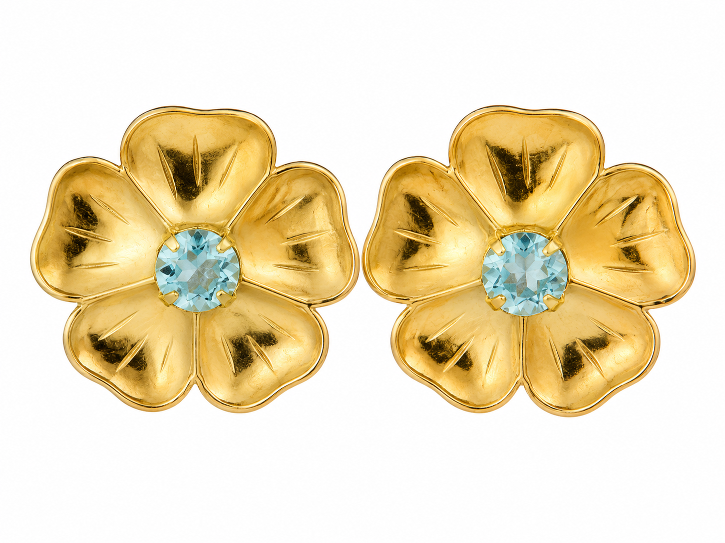 GOLD PANSY LARGE STUDS LIGHT AQUA
