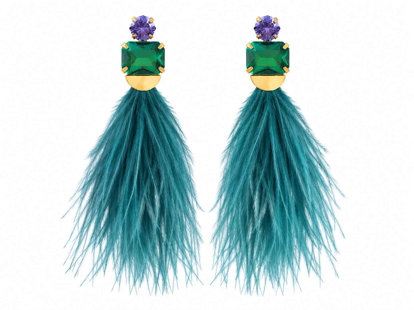 ROUND OCTAGON FEATHER EARRINGS TEAL