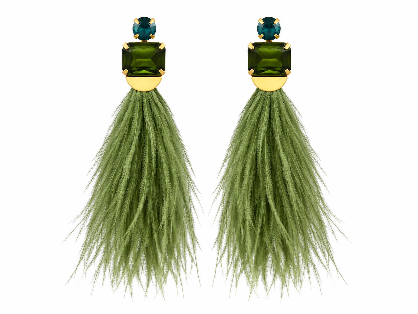 ROUND OCTAGON FEATHER EARRINGS OLIVE