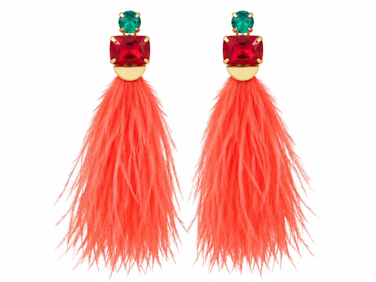 ROUND OCTAGON FEATHER EARRINGS CORAL