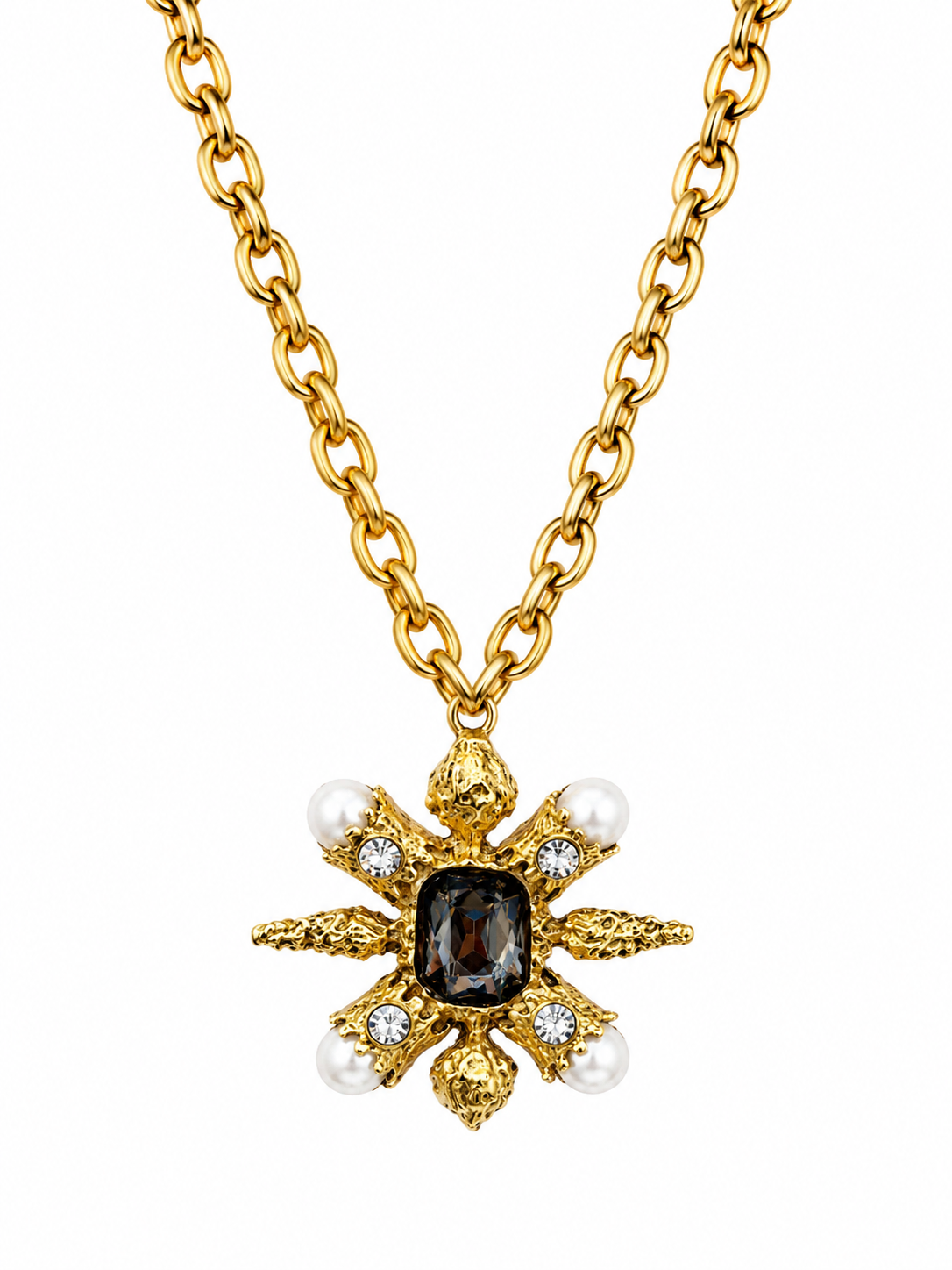 PEARL & BLACK STONE PENDANT NECKLACE