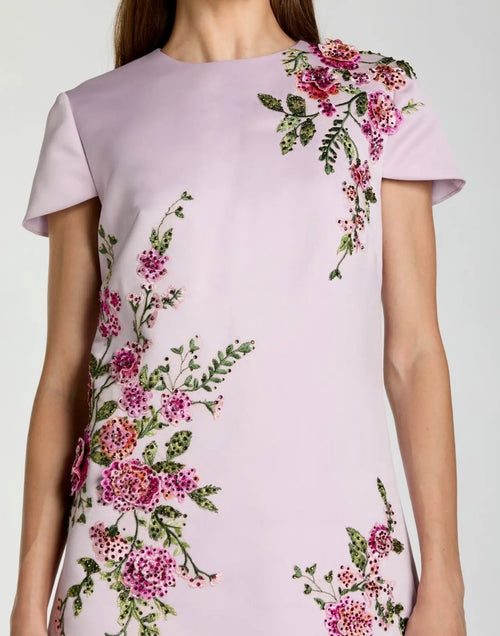CAP SLEEVE EMBROIDERED SATIN MINI DRESS